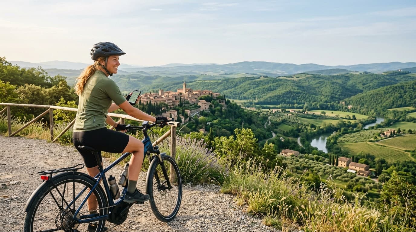 Negozio di biciclette locale che consegna e-bike a noleggio a due ciclisti in un borgo italiano